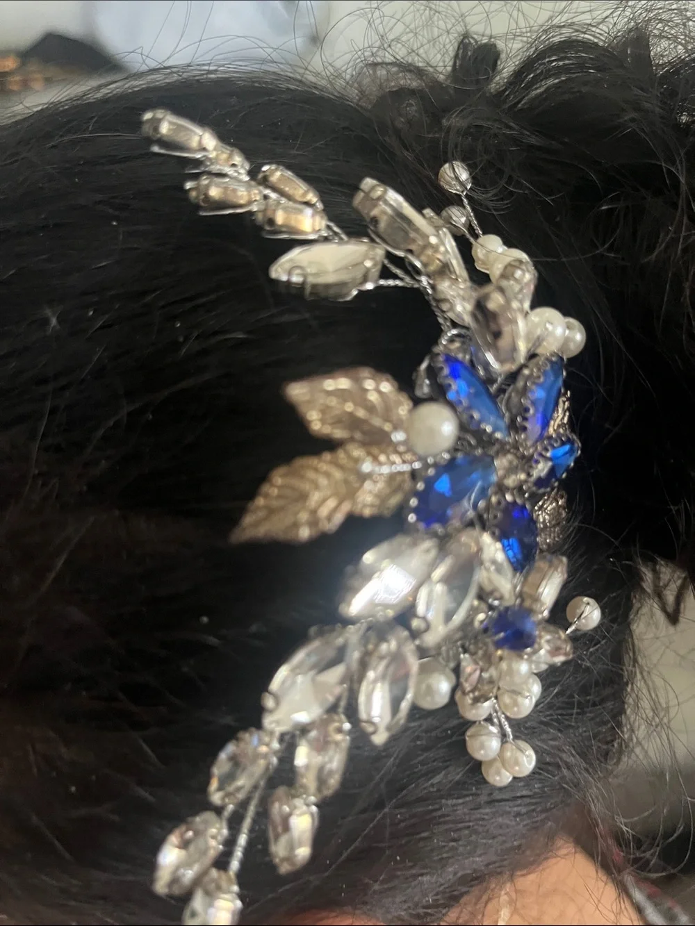 Pearl & Sapphire Blue Crystal Hair Comb